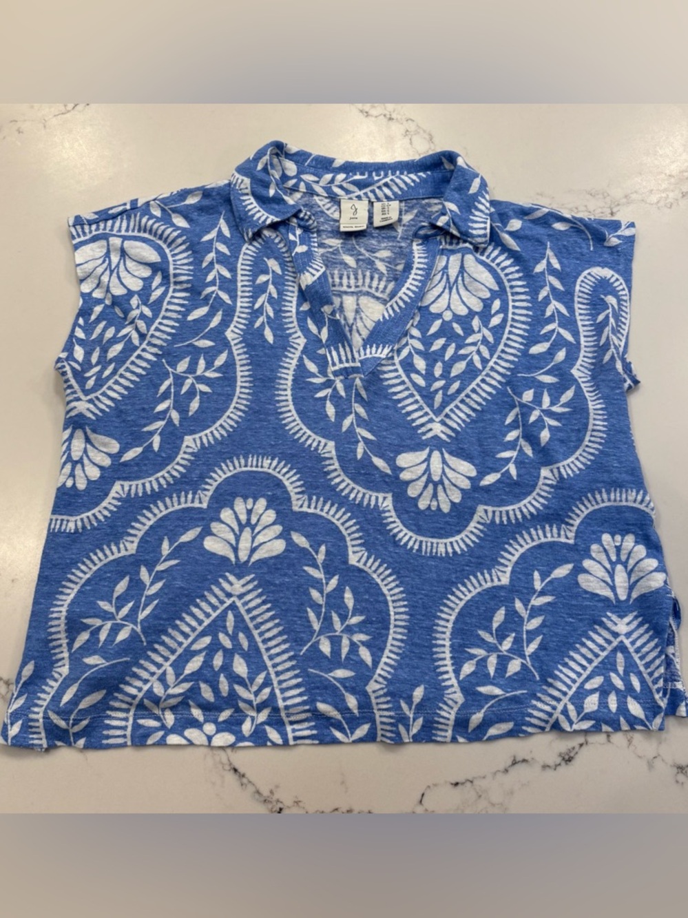 Joie 100% Linen Blue White Floral Short Sleeve Top Beachy Coastal Cowgirl Chic